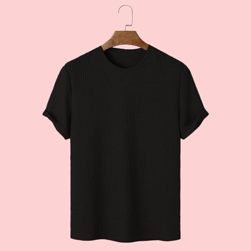 Image of London Hills Men's Waffle Textured T-Shirt | Solid Regular Fit Round Neck Half Sleeve Casual Wear Tee | Soft, Breathable & Lightweight Fabric