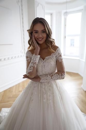 Mouccy Women's Princess Lace Wedding Dresses with Train Lace Long Sleeve Wedding Ball Gowns A-line Bridal Gowns for Bride3