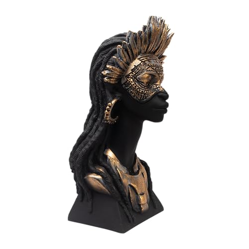 Image of Tribal Queen Bust Sculpture Black and Gold Resin Figurine with Feathered Headdress and Dreadlocks, African Queen Decorative Statue for Living Room, Office, Shelf, Tabletop Home Decor