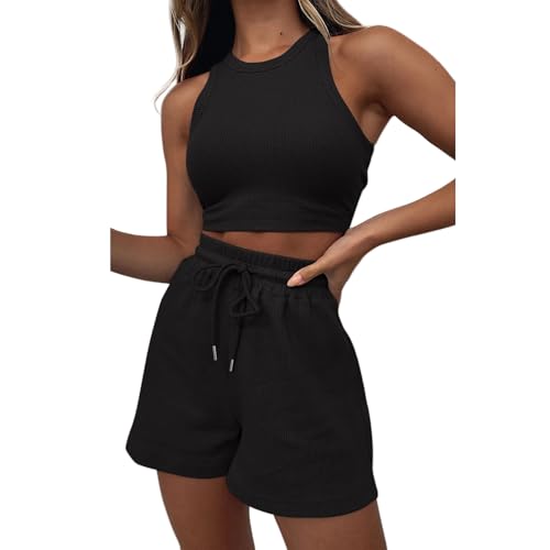 Two Piece Sets for Women Sleeveless Crop Top and Shorts Waffle Lounge Set Tracksuits Sweatsuits Beach Vacation Outfits