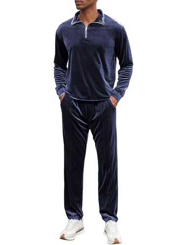 LecGee Men's 2 Piece Long Sleeve Tracksuit Velvet Quarter Zip Shirt Elastic Pant Velour Fall Casual Outfit Sweatsuit Set2