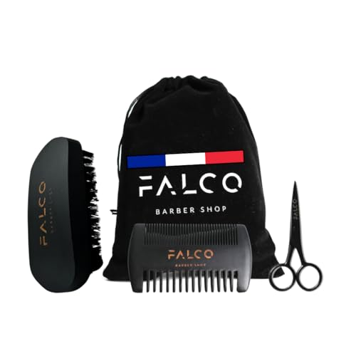 Falco Barber Shop - Kit Accessoires Professionnel Barbe et Cheveux - Brosse Poil De Sanglier Naturel, Peigne En Bois De Poirier Et Ciseau De Précision Avec Pochette De Voyage Velours Pour Homme
