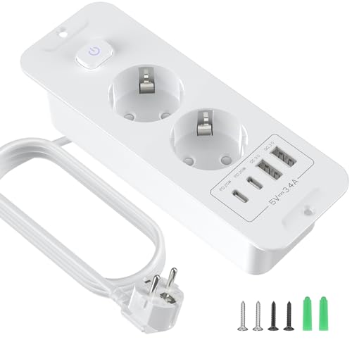 Inbyggt uttag med usb, bordsuttag med 2 uttag och usb, nedsänkt 4-i-1-trippeluttag för bordsskiva med 2 m förlängningssladd med brytare, inbyggt grenuttag för kontor och hem (vitt)