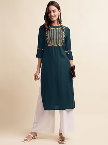 Image of MIRCHI FASHION Women's Straight Fit Rayon Sequins Embroidered and Polka Dots Printed Kurti Only