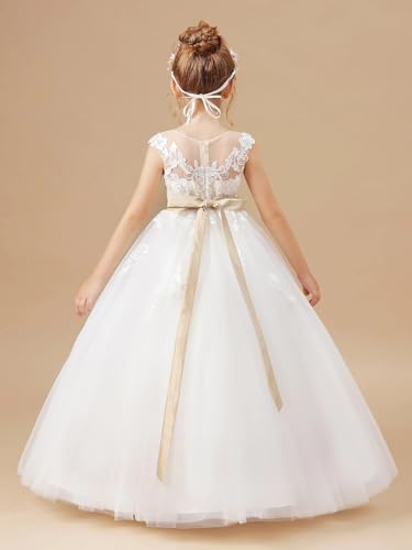 MCieloLuna Lace Applique Tulle Flower Girl Dresses for Wedding Crystal Belt White Floor Length Pageant Princess Dress2