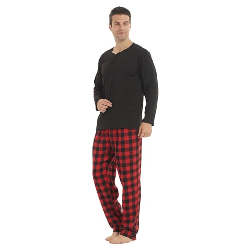 Mens Pyjamas Sets Fleece Long Sleeve Top & Plaid Pyjamas Bottoms Soft Nightwear Loungewear Warm Pjs Sets2