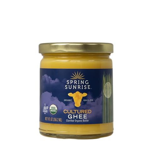 Spring Sunrise Grass Fed Organic Cultured Ghee - USDA Certified Clarified Butter - Keto & Paleo Friendly, Non-GMO, Gluten & Lactose Free Cooking Oil - Sustainably Sourced, 9 oz Jar