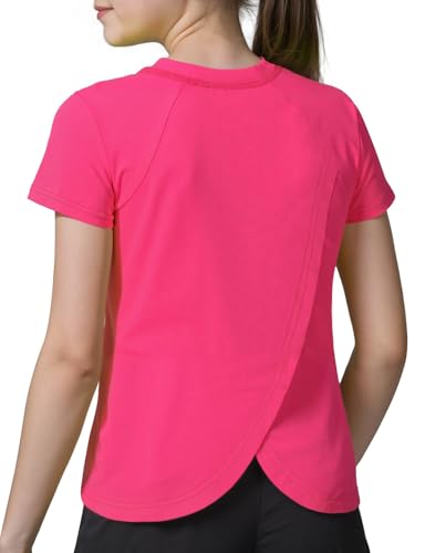 Spring&Gege Girls UPF 50+ Quick Dry Short Sleeve T Shirts Split Back Crop Athletic Workout Neon Tops, Neon Pink, Size 11-12 Years