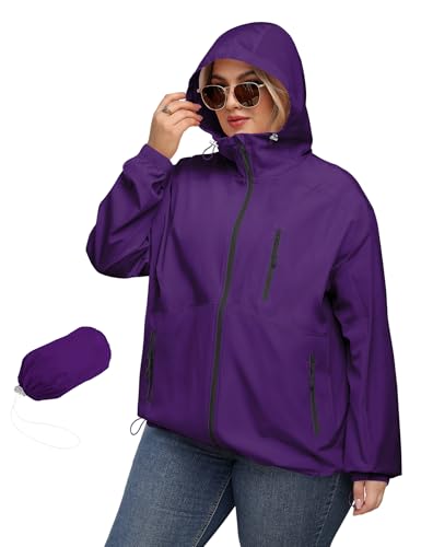 Avoogue Plus Size Rain Jacket Women Plus Size 4X Raincoat Waterproof With Hood Windbreaker Packable Light Quilted Zip Up Jacket Purple 5xl