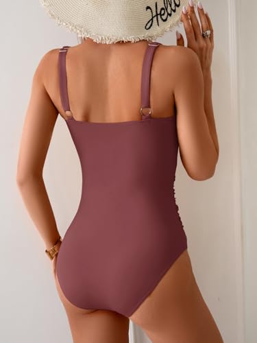 Image of B2prity One Piece Swimsuit for Women Tummy Control Ruched Bathing Suit V Neck Push Up Swimwear
