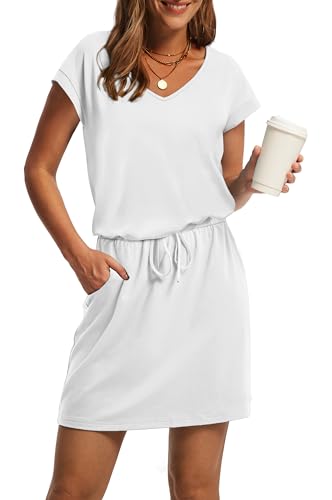 OFEEFAN Summer Dresses for Women 2025 V Neck Short Sleeve T Shirts Casual Beach Vacation Shift Dress for Women with Pockets White S