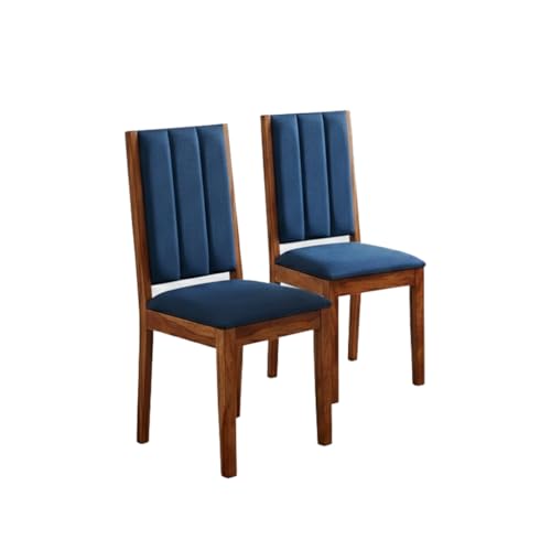 Image of Sheesham Wood Dining Table 4 Seater | Wooden Four Seater Dinning Table with Blue Cushion Chairs | 4 Seater Dining Table | Dining Room Sets | Natural Finish