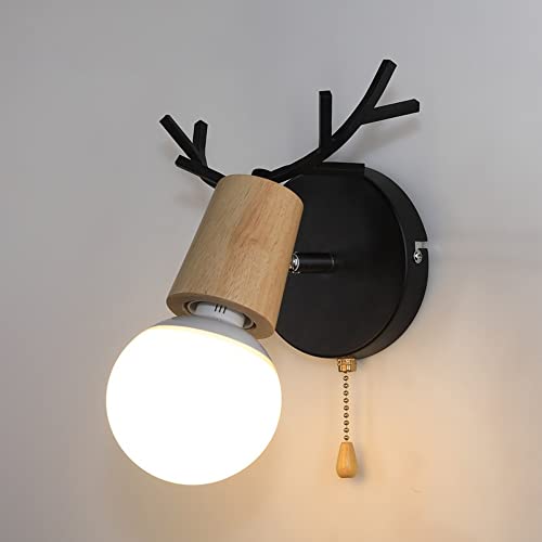 Mini lámpara de pared de asta E27 aplique de madera para dormitorio 7