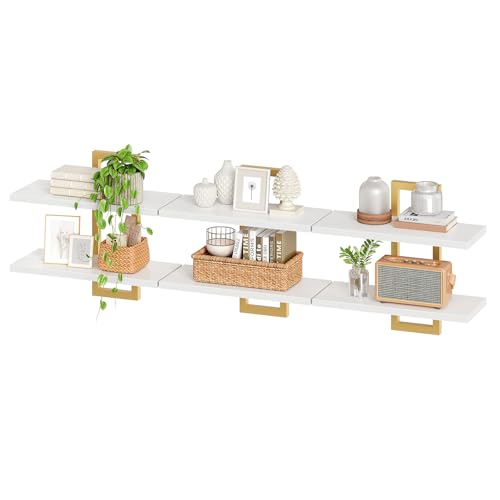 Image of HOOBRO Floating Shelves, 15 Inch Wall Shelf Set of 3, Wall Mounted Storage Shelves 2-Tier, Hanging Bathroom Shelves, for Living Room, Bedroom, Bathroom, Kitchen, White and Gold DW32BJP301