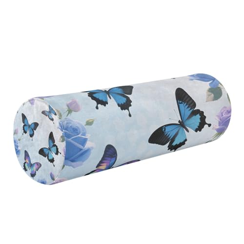 EtherSpher Blue-Purple Rose Butterfly Decorative Round Bolster Pillow Decorative Cylinder Pillow Cylinder Neck Roll Bed Support almohada para Cuello