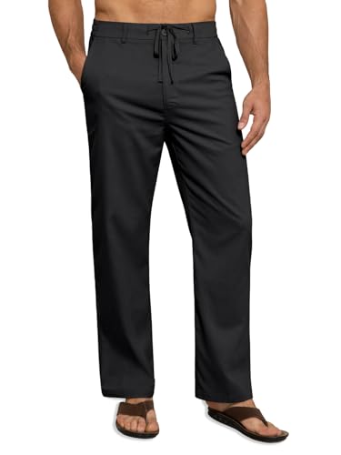 Mens Linen Pants Casual Linen Dress Pants Drawstring Summer Beach Lightweight Trousers with 4 Pockets