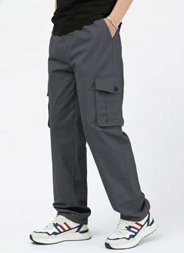 Image of Men's Cotton Cargo Pant | 5 Pocket Style Drawstring Elastic Waist Relaxed Fit Straight Leg, Breathable Durable Work Hiking Casual Trousers in Grey Silver Beige Black Sizes 30 to 42