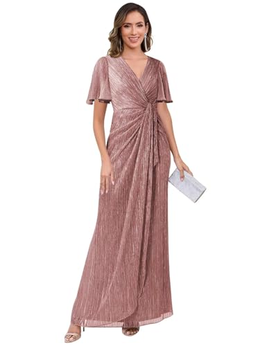 V Neck Formal Mother of The Bride Dresses with Sleeves Long Shiny Sheath Formal Evening Gowns