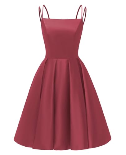Image of Tianzhihe Satin Homecoming Dresses for Teens 2026 Spaghetti Straps A-line Square Neck Short Cocktail Party Dress with Pockets