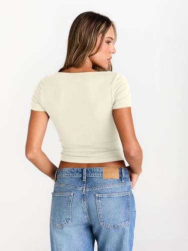Image of Trendy Queen Womens Boat Neck Tops Short Sleeve Shirts | Compression Basic Tops,Y2K Aesthetic Slim Fit,Professional Business Casual, Polished Teacher Outfits