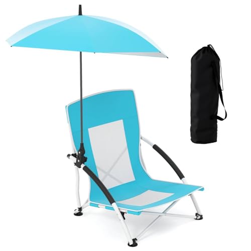 TANGZON Portable Beach Chair, Low Folding Camping Chair with Adjustable & Detachable Umbrella, Umbrella Clamp, Padded Armrests & Carry Bag, Lightweight Outdoor Seat for Picnic Fishing (1, Blue)