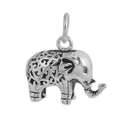 SUGARKITTEN LONDON Sterling Silver Filigree 3D Elephant w Raised Trunk Pendant Charm 2 Tones (Oxidised Silver)