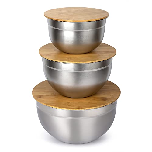 Stainless Steel Mixing Bowls Set With Bamboo Lids (Set Of 3) - Polished Mirror Kitchen Bowls, Nesting Bowls For Space Saving Storage, Cooking, Baking & Serving Bowls #TOP1