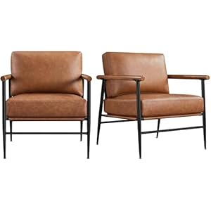 Yaheetech Accent Chair Set of 2 PU Leather Living Room Chair Back Pillow Modern Lounge Chair Wooden Arms Metal Frame Bedroom Waiting Room Retro Brown
