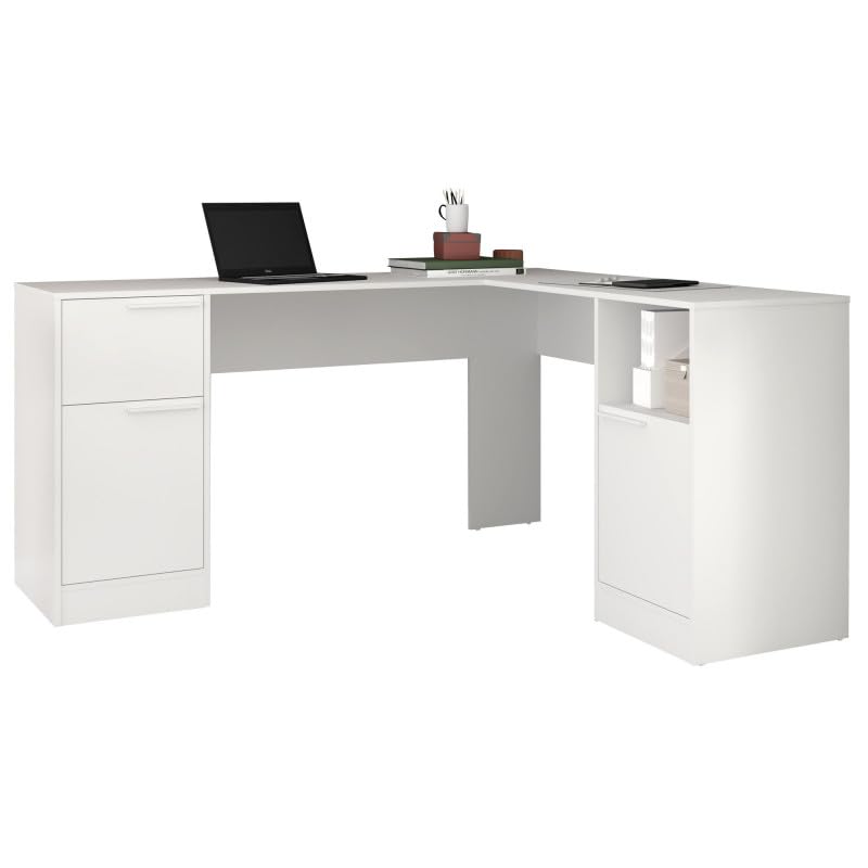 ACTUAL DIFFUSION Bureau d'angle Blanc 2 Caissons 2 Portes 1 Tiroir 1 Niche L 160 H 78.5 P 134.5 cm