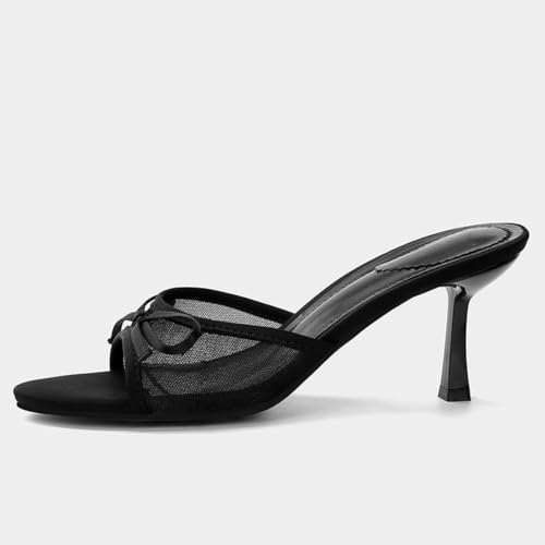Image of UFEDO Womens Kitten Heels Bow Mesh Sandals Round Open Toe Slip On Low Slide Heeled Sandals
