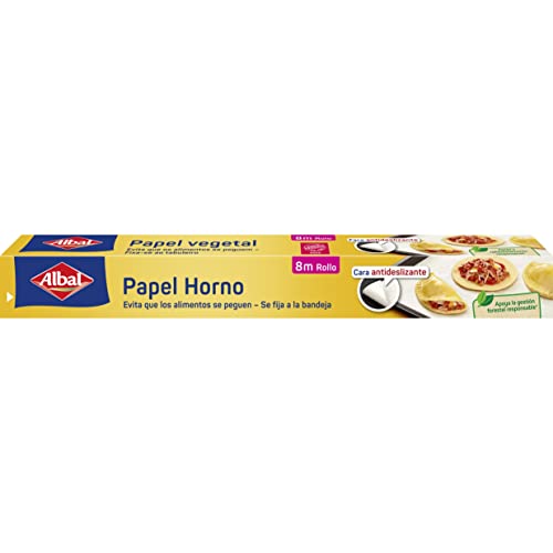 Albal Papel Horno en rollo - Papel de horno antideslizante con puntos de silicona, rollo antiadherente para preparar pasteles y repostería, no se enrolla ni desliza, antigrasa, 8 m x 38 cm