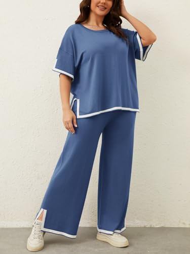 Imily Bela Womens Plus Size Lounge Sets 2 Piece Outfits Short Sleeve Pullover Tops Wide Leg Pants Summer Travel Outfits3