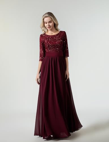 Women's Elegant A-Line Sequin Mother of Bride Dress Crew Neck Empire Waist Half Sleeve Chiffon Formal Dress3