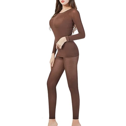 Rock88 Women Thermal Underwear Set Traceless Thin Winter Constant Temperature Long Sleeve Intimate Pajamas Soft Base Layer Layer,Brown,L(40