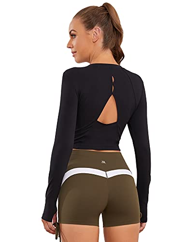 1A1A Q-AY42104-01-BLACK-MAA Women’S Long Sleeve Crop Tops Tank Back Hollow Thumbholes Yoga Fitness Black Medium cover