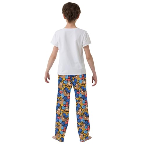 ZZXXB Sloth Hibiscus Flowers Boys Long Pants Soft Trousers Elastic Waist Kids Lounge Bottoms with Pockets S-XL3