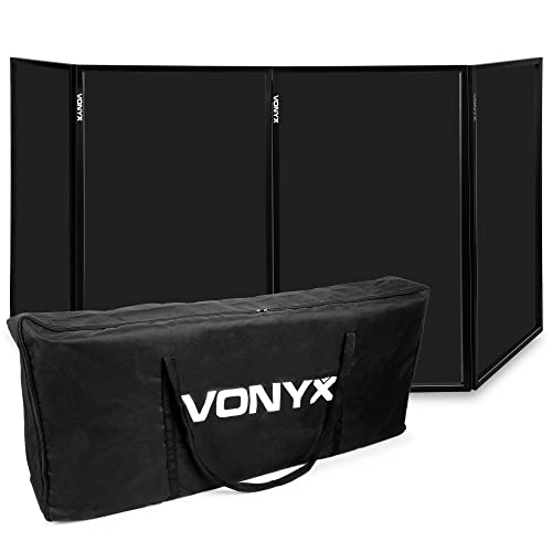 Vonyx DB2B Façade DJ Pliable avec Housse, 4 Panneaux 280 x 120 cm, Structure Métallique Noire avec Tissu Lycra Noir, Idéal pour les DJ Mobiles