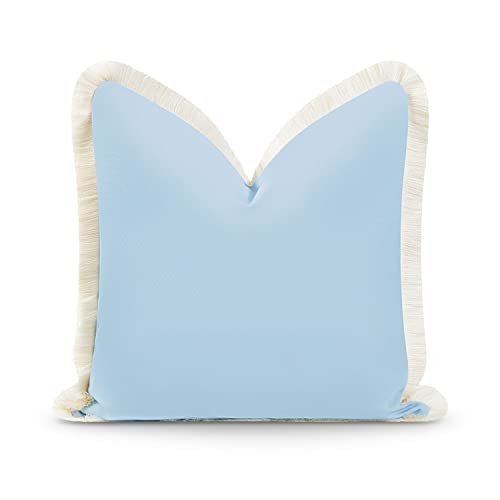 Hofdeco Premium Coastal Hampton Style Patio Indoor Outdoor Pillow Cover Only 20×20 Water Resistant for Backyard Couch Solid Baby Blue Fringe