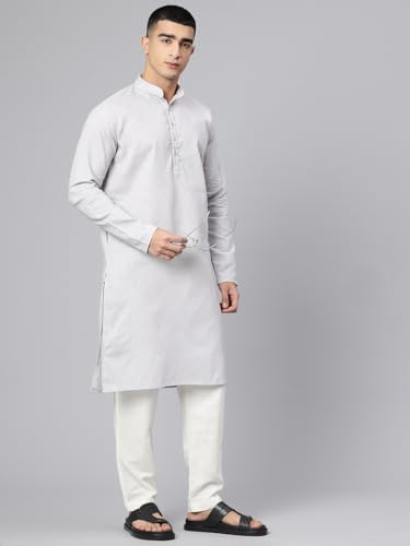 Image of Majestic Man Men's Cotton Regular Fit Casual Mandarin Collar Ethnic Motifs Solid Long Kurta