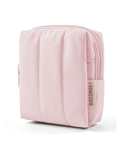 BAGSMART Small Travel Makeup Bag for Purse Toiletry Pouch Puffy Padded Mini Cosmetics Bag Cute Make Up Pouch for Women with Slip-in Pocket Travel Essentials for Toiletries Baby Pink