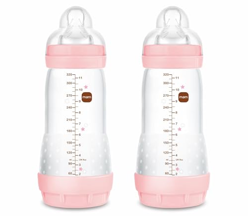 MAM Pack 2 Biberones Anticólicos, a partir de 4 Meses, 320ml, con Tetina 3 Flujo Rápido de Fácil Aceptación, Autoesterilizable y Fácil de Limpiar, MAM Easy Start Anti-Colic, Rosa Brillante, Pack 2uds