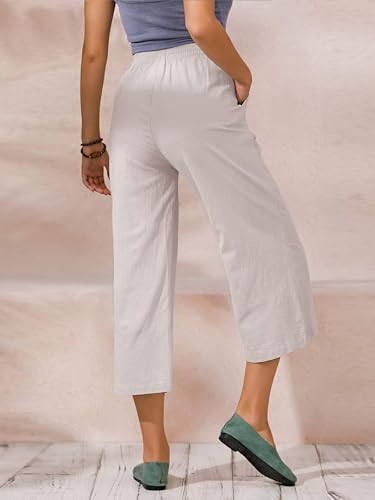 Image of ECUPPER Womens Cotton Cropped Pants Loose Fit Wide Leg Trousers | Casual, Plus Size, Elastic Waist, Capri, 100% Cotton, Slant Pockets, High Rise Waist, Lounge Pants