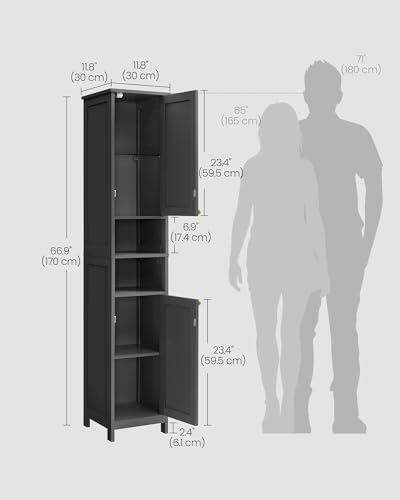 Image of VASAGLE Tall Storage Cabinet with Lights, Slim Freestanding Cabinet with Adjustable Shelves, for Small Spaces, Bathroom, Living Room, Modern, 11.8 Inches Wide, Ink Black UBBK566BC01S