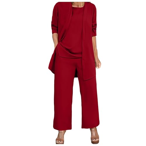 pvucpot Completo da Donna Elegante 3 Pezzi Suit Set da Cerimonia Abito da Festa in Chiffon Tailler Pantaloni Top Cardigan Elegante Aperto sul Davanti Pantaloni Tinta Unita