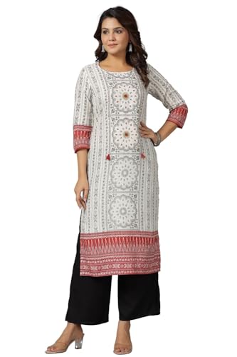 Image of Juniper White Ethnic Motif Printed Rayon Slub Kurta with Beads & Sequins