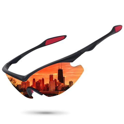 Ofwin Polarized Sports Sunglasses Men Women Fishing Hiking Cycling Wrap Around Half Frame Sun Glasses UV Protection Black Red Mirrored