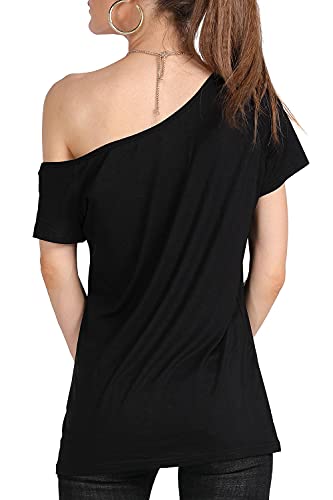 Magicmk Woman’s Off The Shoulder Lips Top Print Short Sleeve Cotton Sexy Fashion T-Shirt (M, Black+White1) #TOP7