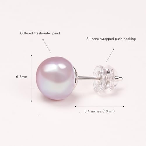 Purple Pink Pearl Stud Earrings for Women & Men | 6-8mm Natural Freshwater Cultured Pearls | Hypoallergenic 925 Sterling Silver Elegant Birthday & Anniversary Jewelry Gifts for Women/Wife2