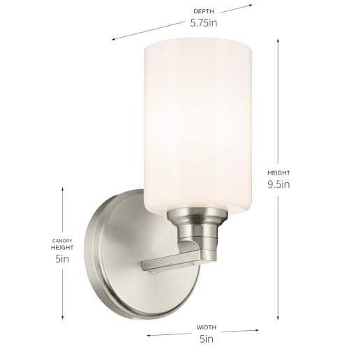 Image of Kichler Gioe 5 inch 1-Light Wall Sconce with Opal Glass in Brushed Nickel, Damp Rated, for Powder Room, Bathroom, Kitchen, Hallway, Bedroom, Fireplace, (5 inch W x 9.5 inch H), 55224NI