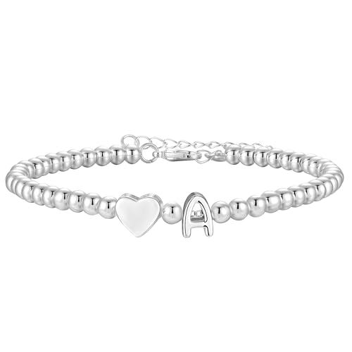 Aretas Initial Bracelets for Women Girls Silver Letter A Heart Pendant Bead Charm Bracelet Personalized Cuff Bangle Jewelry Christmas Birthday Gifts for Girls Daughter Sister Friends Jewellery
